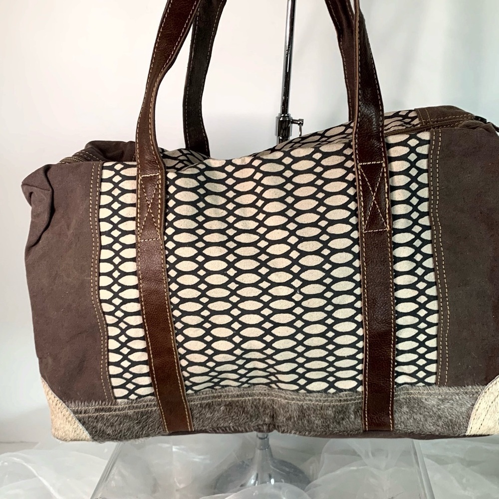 Myra Bag Honey Bee Cowhide & Upcycled Canvas Travel Bag S-1158 - Picture 5 of 5